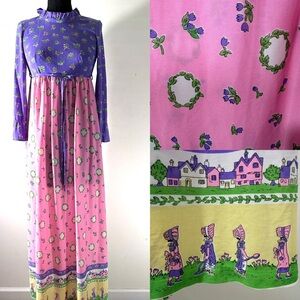 Vintage 1970's Easter Floral Printed Cottage Core Loungewear Maxi Dress